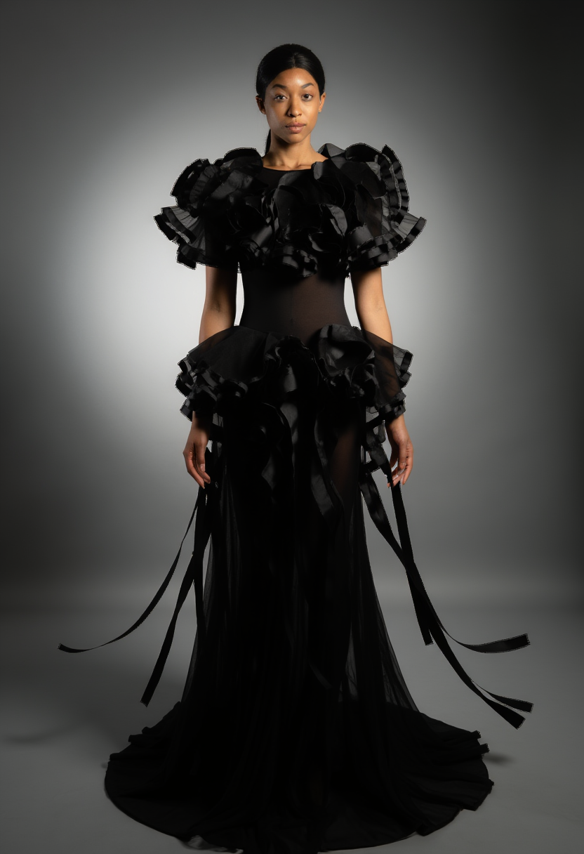 PR_STYLE LoRA output: black gown with sculptural ruffled shoulders and peplum construction